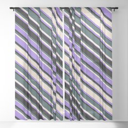 [ Thumbnail: Dark Slate Gray, Beige, Purple & Black Colored Lined Pattern Sheer Curtain ]