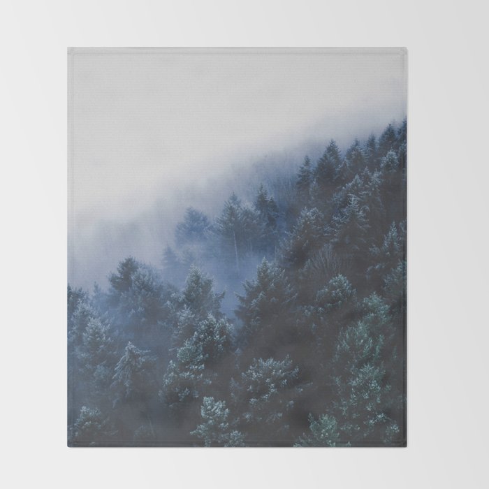 Foggy Blue Purple Mountain Hill Pine Trees Landscape Nature Photography Minimalist Modern Art Throw Blanket