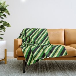 [ Thumbnail: Green, Light Yellow, Forest Green & Black Colored Stripes Pattern Throw Blanket ]