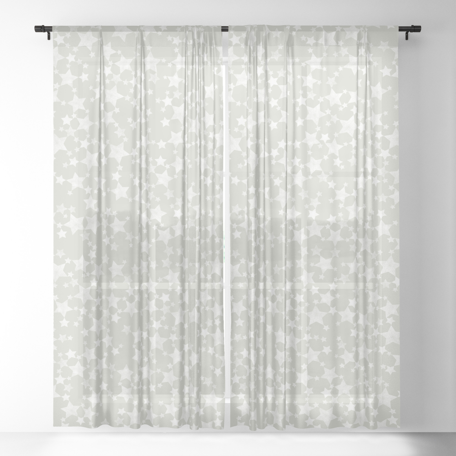 White Block Print Stars Pattern On Beige Greige Sheer Curtain By
