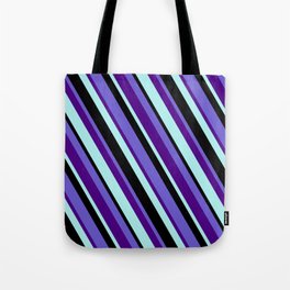 [ Thumbnail: Slate Blue, Indigo, Turquoise & Black Colored Striped Pattern Tote Bag ]