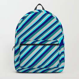 [ Thumbnail: Aqua, Blue, Dark Cyan, and Light Gray Colored Lined/Striped Pattern Backpack ]