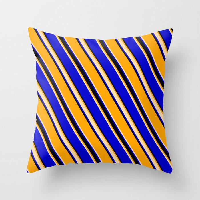 Orange, Tan, Blue, and Black Colored Striped Pattern Throw Pillow