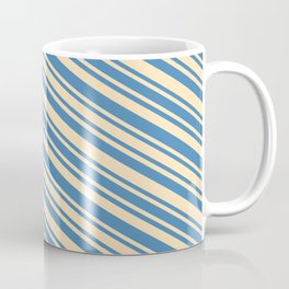 [ Thumbnail: Blue and Beige Colored Stripes/Lines Pattern Coffee Mug ]