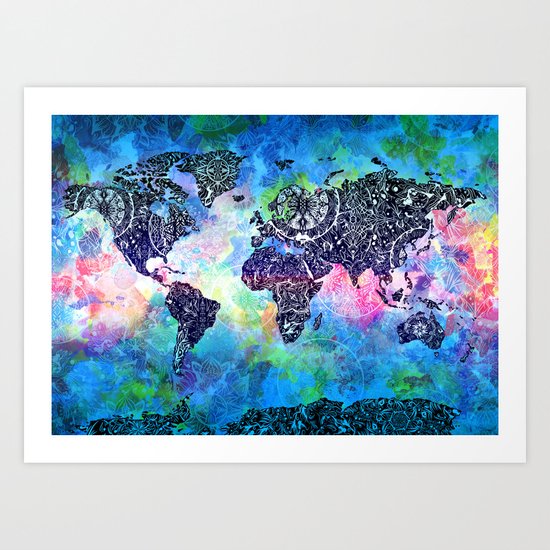 world map mandala watercolor Art Print