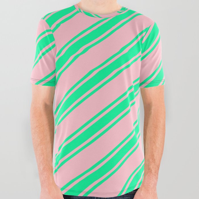 Pink and Green Colored Stripes/Lines Pattern All Over Graphic Tee