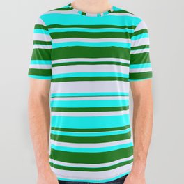 [ Thumbnail: Cyan, Dark Green & Lavender Colored Lined/Striped Pattern All Over Graphic Tee ]