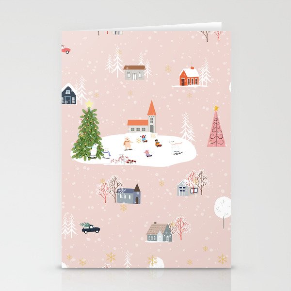 Seamless pattern Cute Christmas landscape in the town with fairy tale houses,car,polar bear playing ice skates and Christmas trees,Panorama flat design in village on Christmas eve Stationery Cards