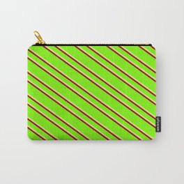 [ Thumbnail: Green, Tan & Dark Red Colored Striped Pattern Carry-All Pouch ]