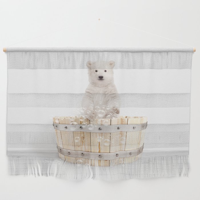 Baby Polar Bear Cub in Wooden Bathtub, Polar Bear Taking a Bath, Bathtub Animal Art Print By Synplus Wall Hanging
