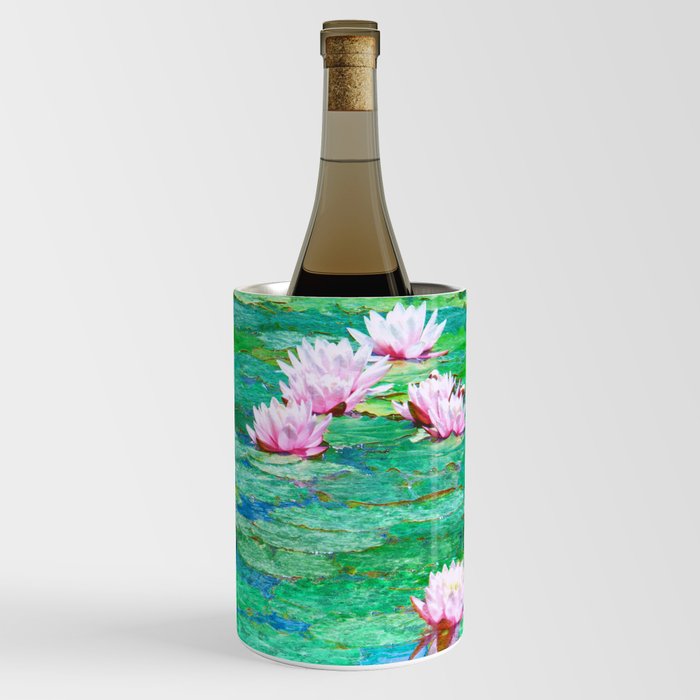 pink waterlilies painted impressionism style Wine Chiller