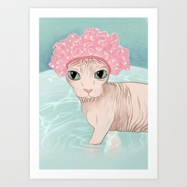 No Hair Don't Care - Sphynx Cat Wearing a Shower Cap in a Bathtub - Wrinkly Hairless Kitty Art Print
