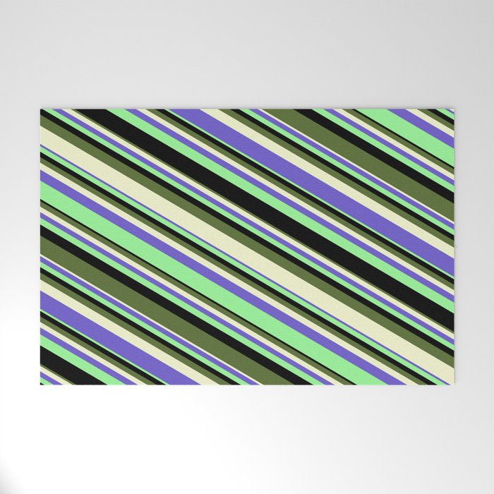 Eye-catching Green, Black, Dark Olive Green, Light Yellow, and Slate Blue Colored Stripes Pattern Welcome Mat