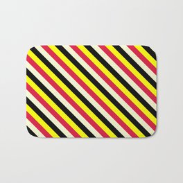 [ Thumbnail: Yellow, Crimson, Light Yellow & Black Colored Stripes/Lines Pattern Bath Mat ]