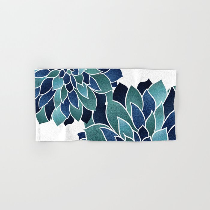 Festive, Floral Prints, Navy Blue and Teal on White Hand & Bath Towel