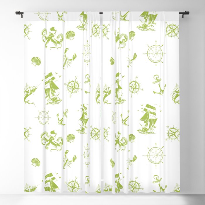 Light Green Silhouettes Of Vintage Nautical Pattern Blackout Curtain