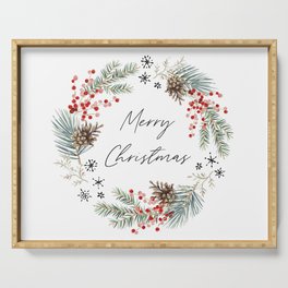 Christmas wreath with cones, snowflakes and berries Serving Tray