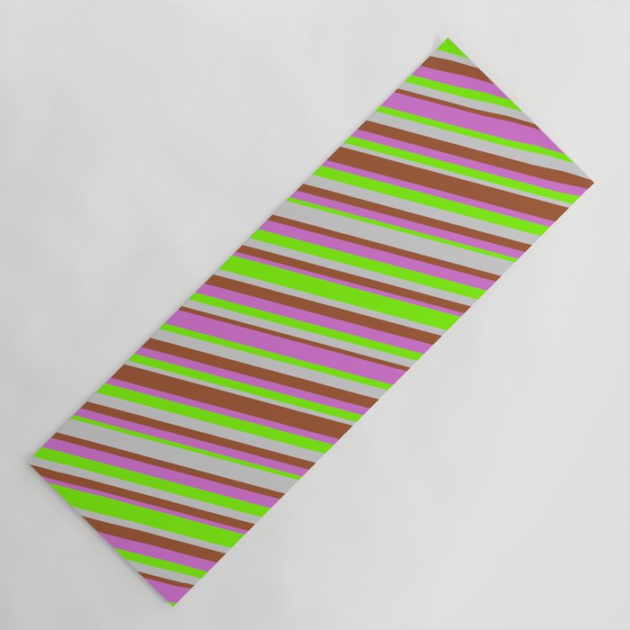 Sienna, Orchid, Green & Light Gray Colored Stripes Pattern Yoga Mat