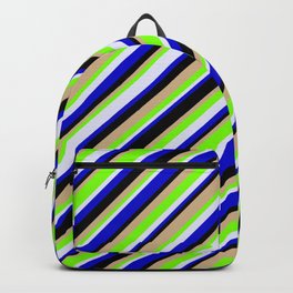 [ Thumbnail: Eye-catching Green, Lavender, Blue, Black, and Tan Colored Lined/Striped Pattern Backpack ]
