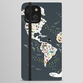 Cartoon animal world map for children, kids, Animals from all over the world, back to school, gray iPhone Wallet Case