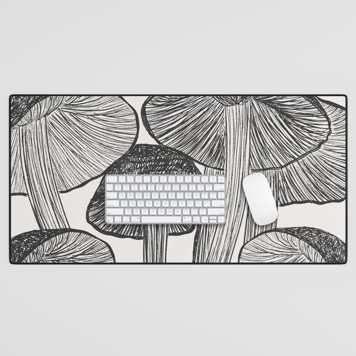 Black White Magic Mushroom Garden Drawing Desk Mat