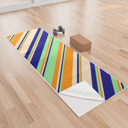 [ Thumbnail: Light Green, Blue, Bisque, and Dark Orange Colored Stripes/Lines Pattern Yoga Towel ]