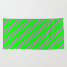[ Thumbnail: Lime and Orchid Colored Striped Pattern Beach Towel ]