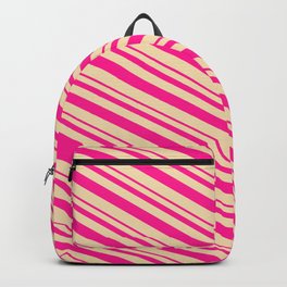 [ Thumbnail: Deep Pink and Tan Colored Lined/Striped Pattern Backpack ]