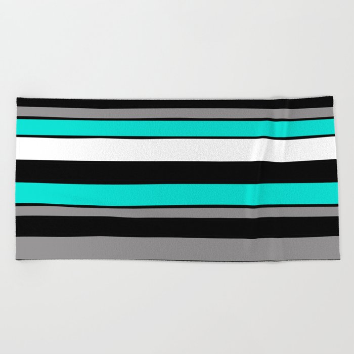Teal Aqua White Grey Black Stripes Beach Towel