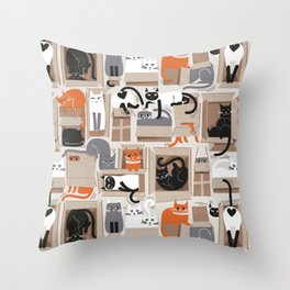 Purfect feline architecture // beige background cute cats in cardboard boxes Throw Pillow