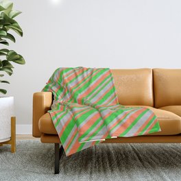 [ Thumbnail: Coral, Lime Green, and Grey Colored Striped Pattern Throw Blanket ]