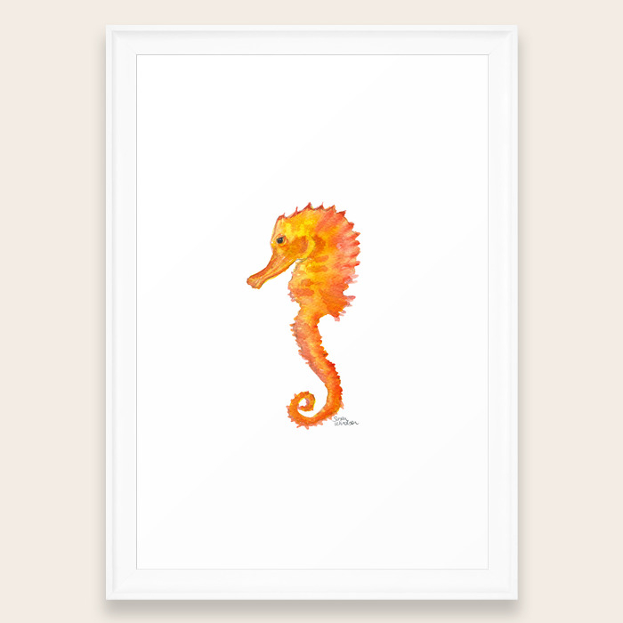 Seahorse Watercolor Painting Orange Ocean Animal Framed Art