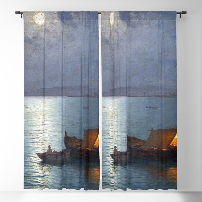 Coastal Marine Seascape Moonlit Boat and Lighthouse landscape painting by Guillermo Gomez Gil Blackout Curtain
