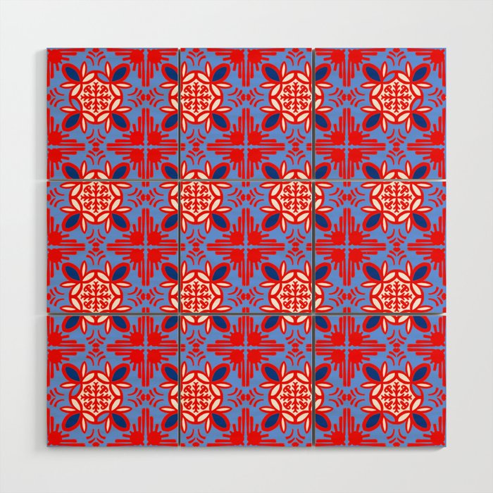Cheerful Retro Modern Kitchen Tile Pattern Navy and Red Wood Wall Art
