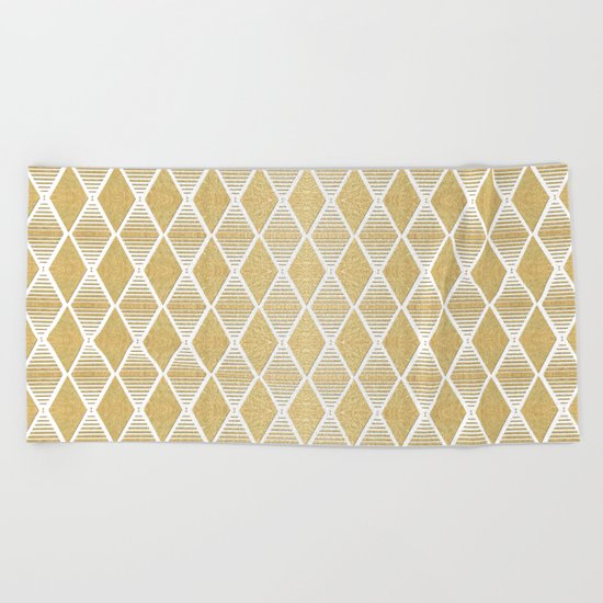 White and Gold Geometric Pattern Beach Towel