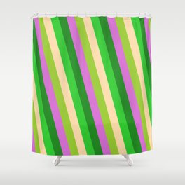 [ Thumbnail: Eye-catching Lime Green, Tan, Green, Orchid, and Forest Green Colored Stripes Pattern Shower Curtain ]