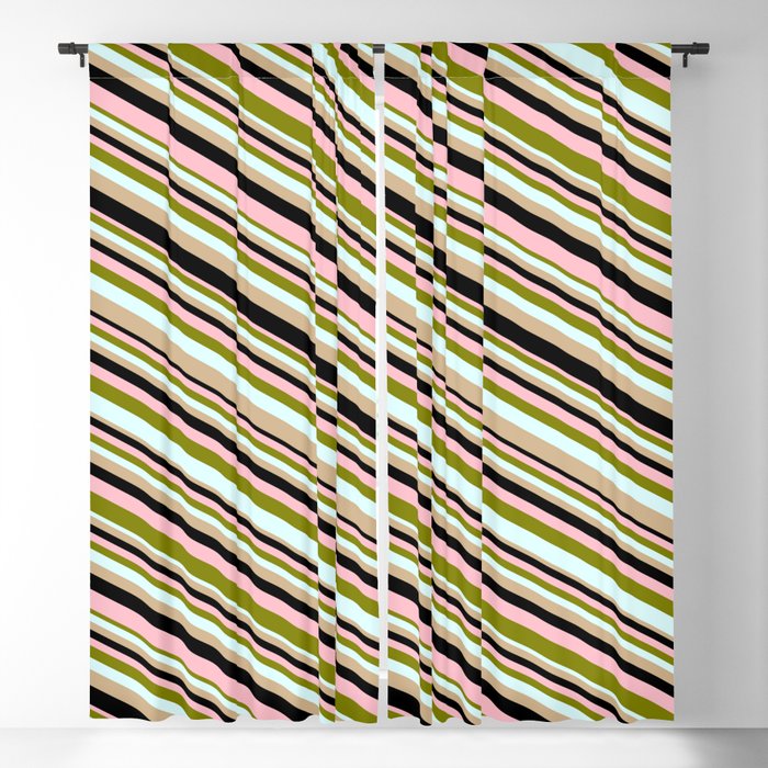 Green, Light Cyan, Tan, Black, and Pink Colored Stripes Pattern Blackout Curtain