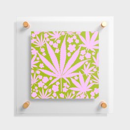 Retro Modern Cannabis And Flowers Pastel Pink On Green Floating Acrylic Print