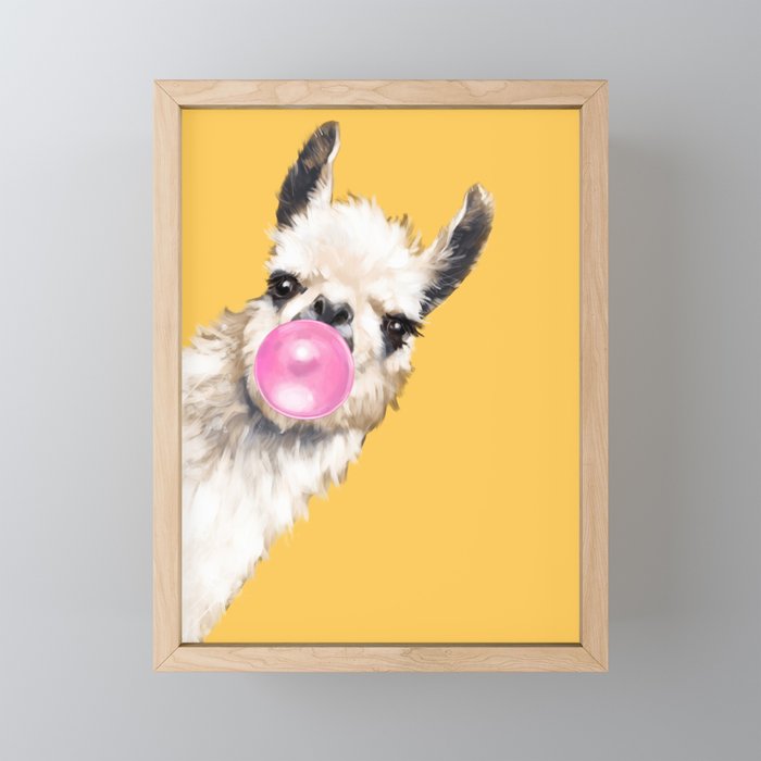 Bubble Gum Sneaky Llama in Yellow Framed Mini Art Print