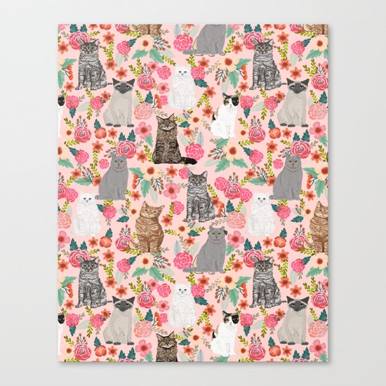 Cat Flowers cute spring summer garden cat lady pattern gift for cat person cat breed pet portraits Canvas Print