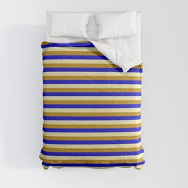 [ Thumbnail: Pale Goldenrod, Dark Goldenrod, and Blue Colored Striped/Lined Pattern Comforter ]