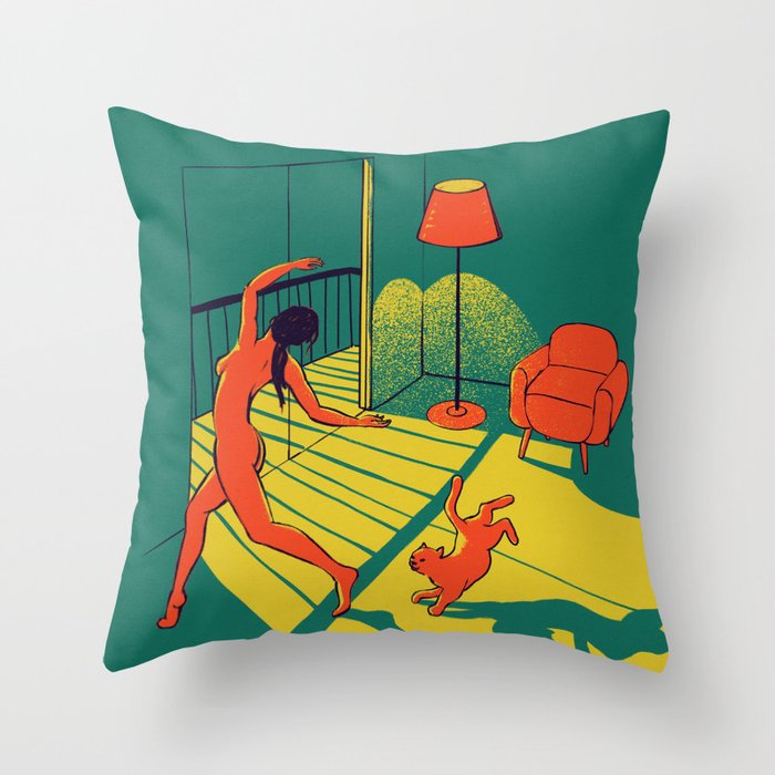 Dancing with the cat | Moody sunset light and shadows Aesthetic Green room Naked dance Femme Fatale  Throw Pillow