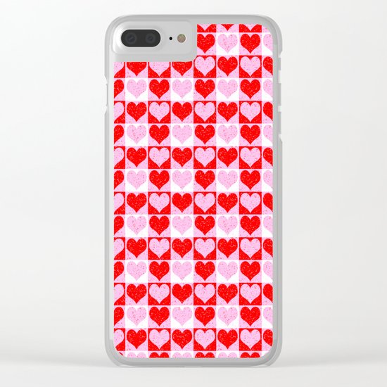 Love Heart Red Pink and White Check Pattern Clear iPhone Case