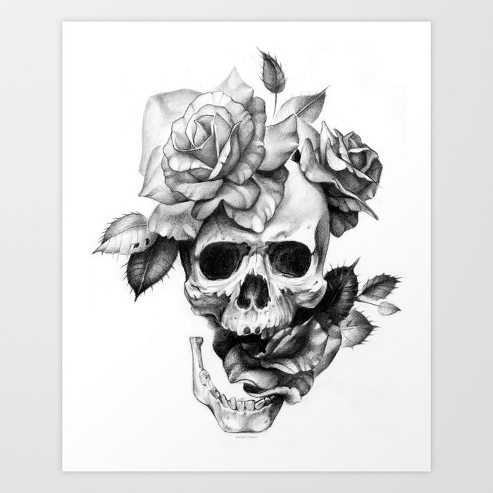 Black and white Skull and Roses Art Print