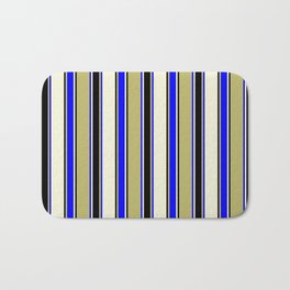 [ Thumbnail: Dark Khaki, Blue, Beige, and Black Colored Stripes/Lines Pattern Bath Mat ]