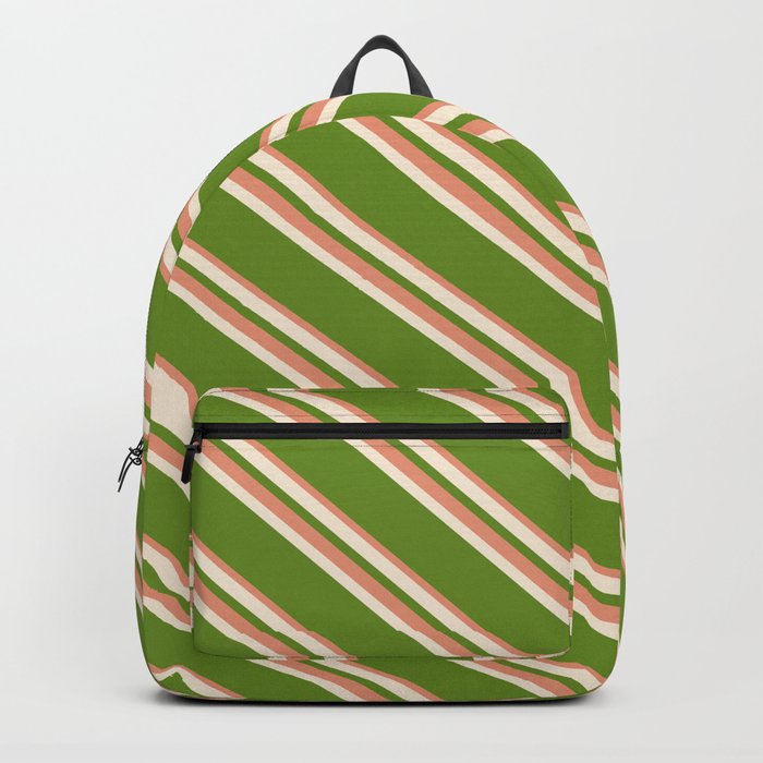 Beige, Green & Dark Salmon Colored Striped/Lined Pattern Backpack