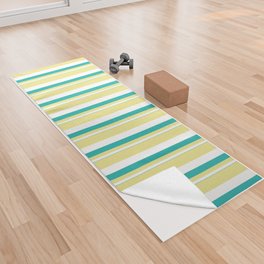 [ Thumbnail: Light Sea Green, White, and Tan Colored Stripes/Lines Pattern Yoga Towel ]