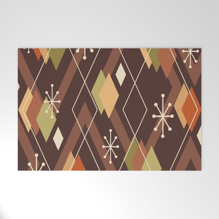 Mid Century Modern Scattered Diamonds Brown Orange Green Welcome Mat