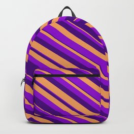 [ Thumbnail: Dark Violet, Indigo & Brown Colored Striped Pattern Backpack ]