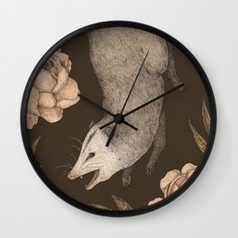 The Opossum and Peonies Wall Clock | Animal, Botanical, Floral, Opossum, Illustration, Roses, Rose, Flowers, Peony, Possum 